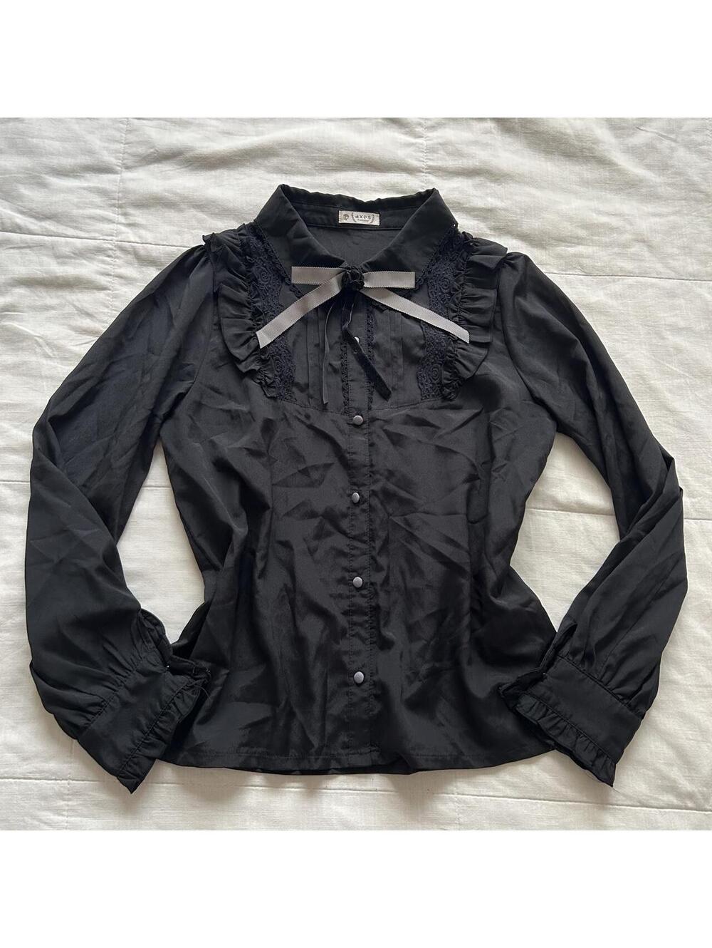 Axes Femme Black Lace Ruffle Blouse M Grey Ribbon Bow Jirai Kei Gothic